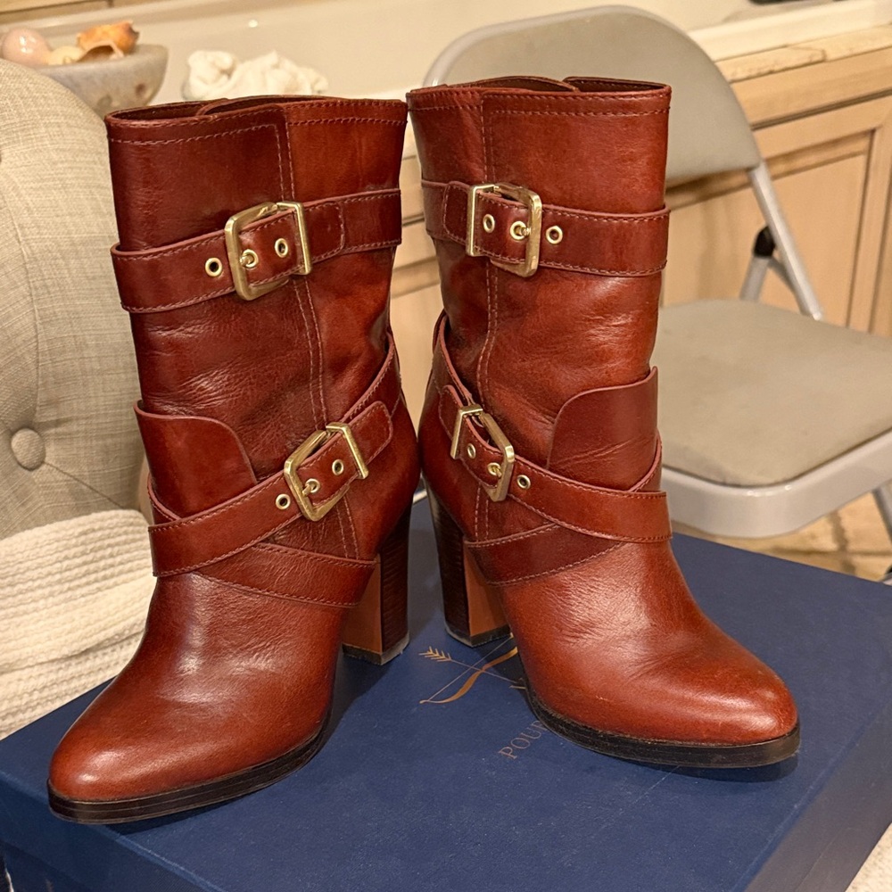Pour La Victoire Chestnut Heeled Boots with Buckles